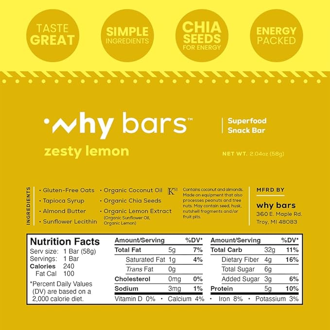 Why Bars Superfood Protein Bars Variety Pack 2.04 Ounce Bars (Pack of 12 Protein Bars) - Protein Bar Superfood Gluten Free Non GMO Organic Vegan Simple Ingredients