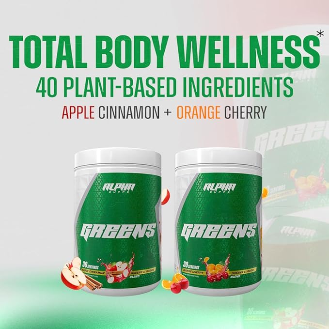 Alpha Supps - Alpha Greens Supplement | Fruit &amp Vegetable Superfood Powder | Over 40 Natural Plant Based Ingredients | Prebiotic &amp Probiotic Digestive Support Blend - 30 Servings (Peach Mango)