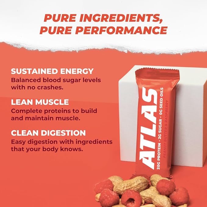 Atlas Real Food Protein Bar – 20g Clean Protein 2g Sugar No Seed Oils No Artificial Sweeteners (Peanut Butter &amp Raspberry 24 Count)