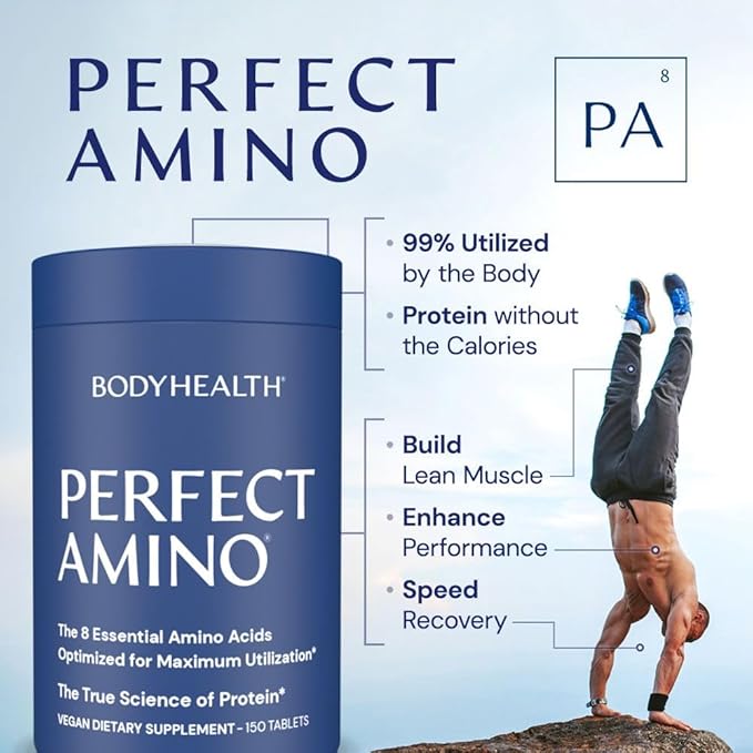 BodyHealth PerfectAmino Tablets (150ct Plus 30ct Travel Bottle) Essential Amino Acid with BCAAs + Lysine Phenylalanine Threonine Methionine Tryptophan Supplement for Recovery &amp Strength