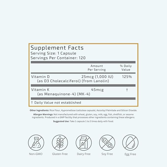 VTC VitaTradingCo. Vitamin D3 + K2 | High Potency Bioactive Forms | 1000iu D3 + 45mcg MK-4 K2 | Boost Calcium Absorption | Immune Heart &amp Bone Support | 120 Capsules