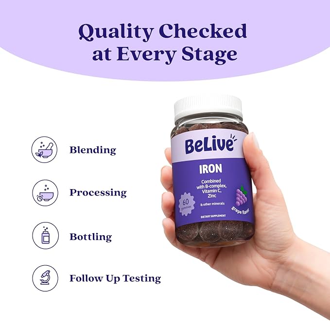 BeLive Iron Gummies - Multivitamin Iron Supplement with Vitamin C A B &amp Zinc Supports Blood Oxygen Vegan Supplements for Women Men &amp Kids for Growth and Development - Grape Flavor | 2-Pac