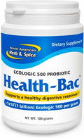 NORTH AMERICAN HERB &amp SPICE Health-Bac - 100 grams - Clinically Tested Ecologic 500 Probiotic - Healthy Digestive Response - Non-GMO Gluten Free Soy Free - About 33 Servings