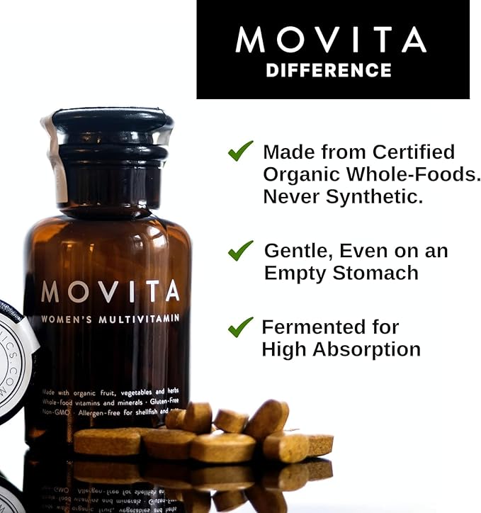 Movita Women’s Daily Multivitamin - Organic Fermented Whole Foods for Enhanced Energy Immunity &amp Vitality - Vegan Gluten-Free Non-GMO - 30-Day Supply (Glass Bottle)