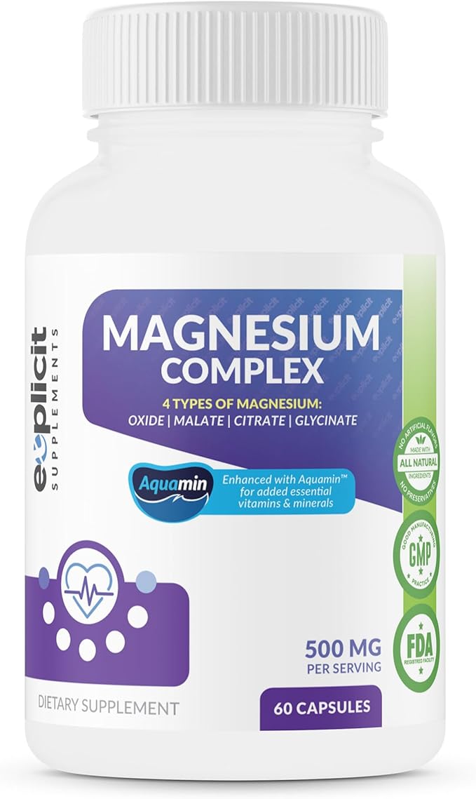 Quad Magnesium Complex Supplement - 500mg of Magnesium Glycinate Malate Oxide &amp Citrate for Support of Muscles Sleep Energy &amp Relaxation - High Absorption with Aquamin - 60 Capsules