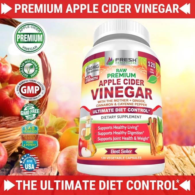 FRESH HEALTHCARE Apple Cider Vinegar Capsules with The Mother - 1740mg Non-GMO Gluten Free ACV Complex with Ceylon Cinnamon Ginger &amp Cayenne for Digestion Support &amp Healthy Living - 120 Vegan
