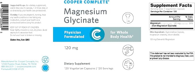 Cooper Complete-Magnesium Glycinate Supplement - 120 mg Elemental Magnesium per Vegetarian Capsule.120 Capsules. Pack of 1