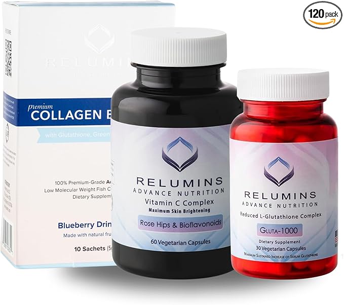 Relumins Premium Gift Glow Set – Collagen Blueberry Glutathione 1000mg &amp Vitamin C with Rose Hips – 3-in-1 Beauty &amp Wellness Kit for Daily Hydration Antioxidant Support
