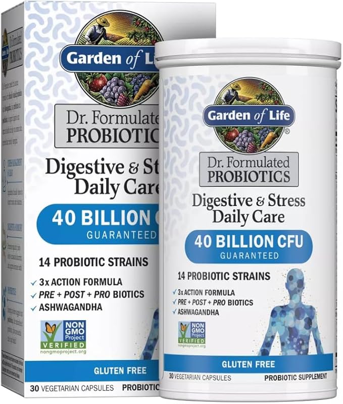 Garden of Life Probiotic Supplement Capsules Dr. Formulated Digestive + Stress - 30ct 1 Bottle Gluten-Free 30 Servings