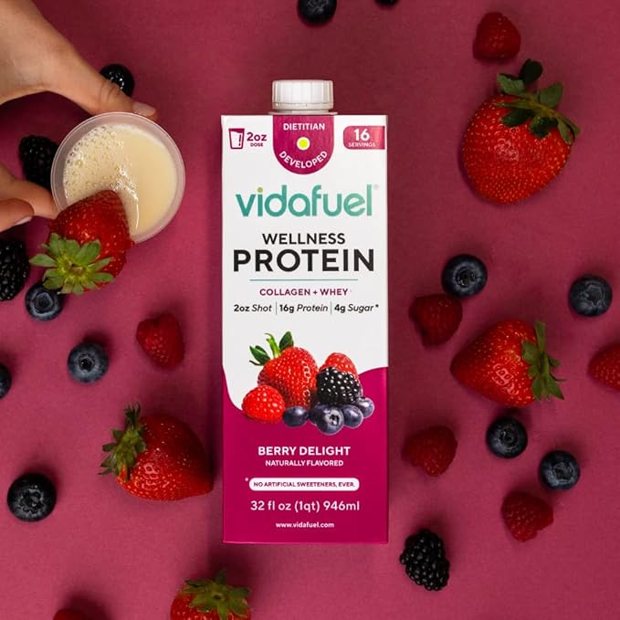 Vidafuel Wellness Protein Drink 16g Protein per 2oz Shot 32 fl oz Carton 2 Pack Berry Collagen and Whey Drink No Artificial Sweeteners