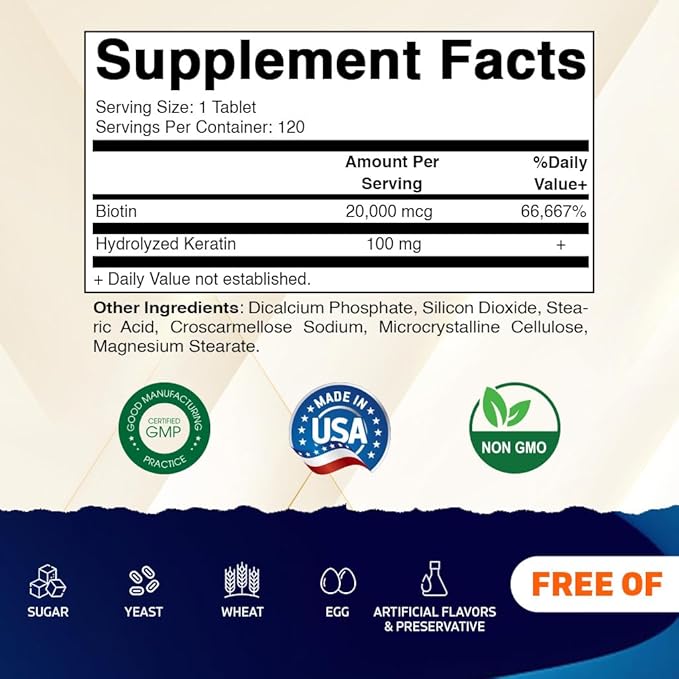Vitamatic High Potency Biotin 20000 mcg (20mg) with Keratin 100mg - 120 Vegetarian Tablets - Biotin Supplements for Healthy Hair Skin &amp Nails for Adults (120 Count (Pack of 2))