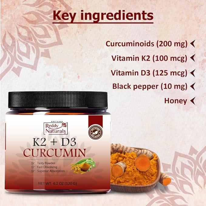 Reddy Naturals Vitamin K2 D3 with Turmeric Curcumin – Vitamin K2 + D3 Supplement Powder for Daily Wellness Plant-Based Nutrition &amp Clean Natural Ingredients – Premium Turmeric K2 D3 Blend (120 g)