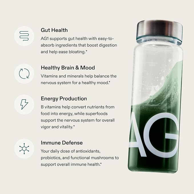 AG1 Greens Powder Supplement Bundle w/Stainless Steel Storage Canister – Multivitamin Probiotic &amp Superfood Blend | Gut Health &amp Daily Wellness Support | Includes Shaker &amp Scoop | Vegan