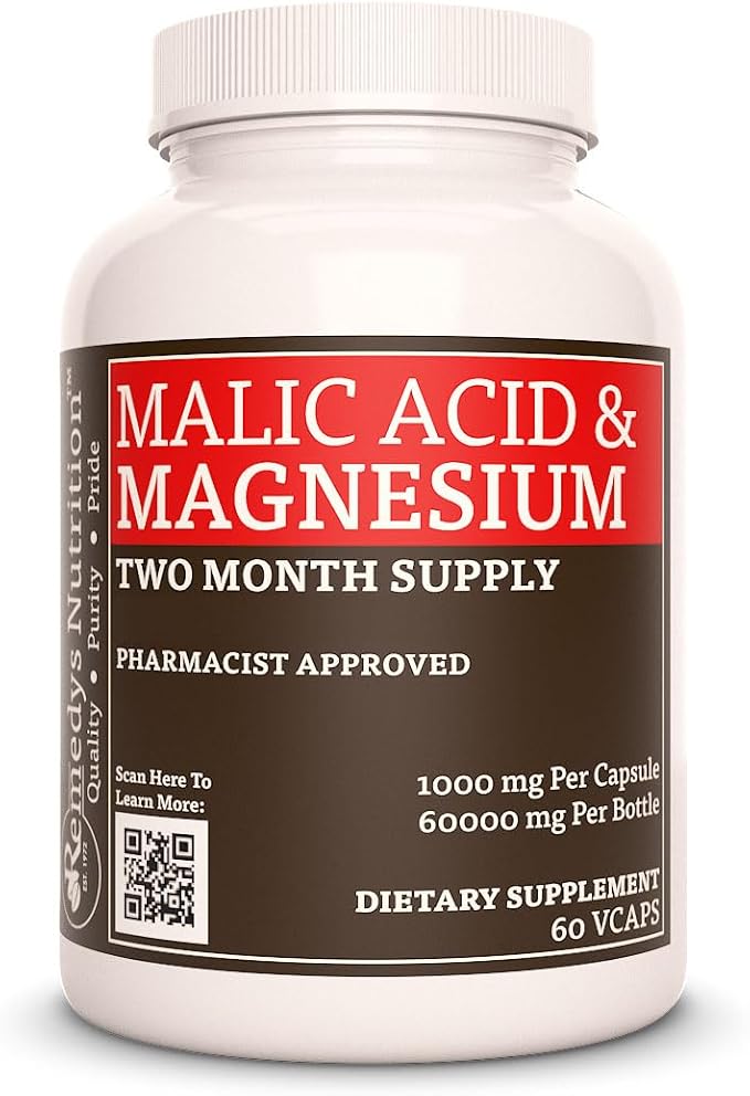 Remedy's Nutrition Malic Acid &amp Magnesium | 1000 mg 60 Vegan Capsules Dietary Supplement | Two Month Supply