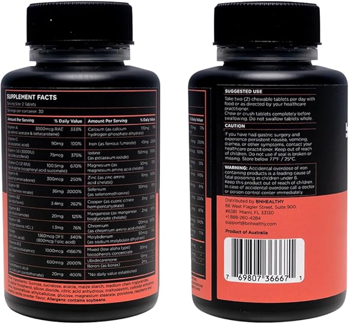 BNHealthy Chewable Bariatric Multivitamin with Iron Vitamin B12 Delicious Raspberry Flavor – 60 Ct – 30-60 Day Supply.