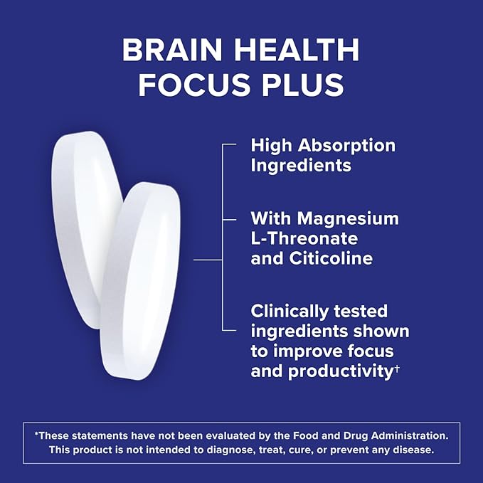 Qunol Brain Health Focus Plus Magnesium L-Threonate &amp Citicoline Clinically Tested Ingredients to Improve Focus Attention and Productivity 60 Count (Pack of 1)