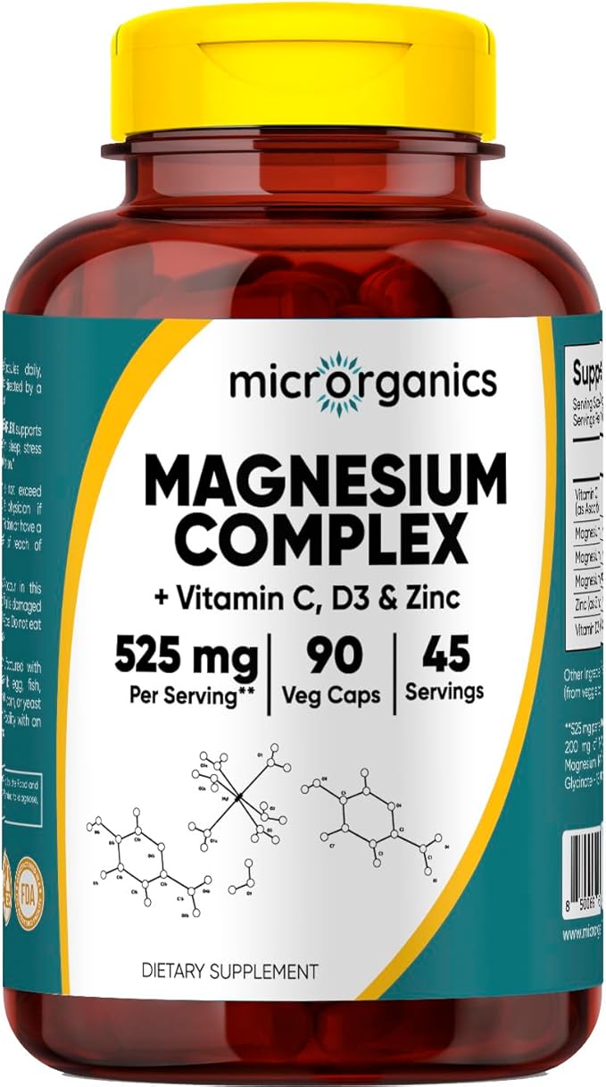 Magnesium Complex with Vitamin C D3 &amp Zinc – 525 mg per Serving from Citrate Malate &amp Glycinate – Supports Energy Muscle &amp Bone Health – 90 Vegan Capsules 45 Servings