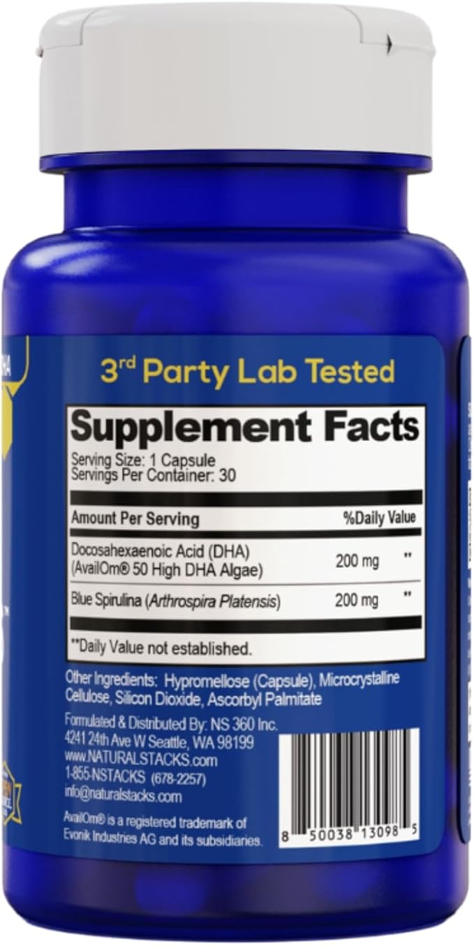 NATURAL STACKS Smart Omegas - Omega 3 Supplement w/ 200mg DHA &amp 200mg Blue Spirulina - Plant Based Algae Oil Omega 3 Supplement - Fish Oil Free Antioxidant Support - 30 Blue Spirulina Capsules