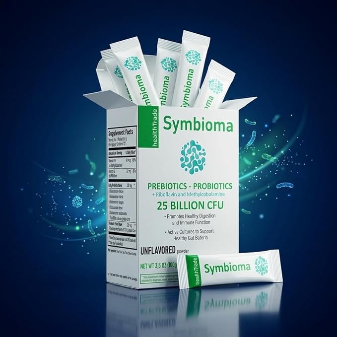 Prebiotic Probiotic Powder 25 Billion CFU Sugar-Free Unflavored 20 Packets with B12 and B2 Vitamins Digestive and Immune Support Supplement