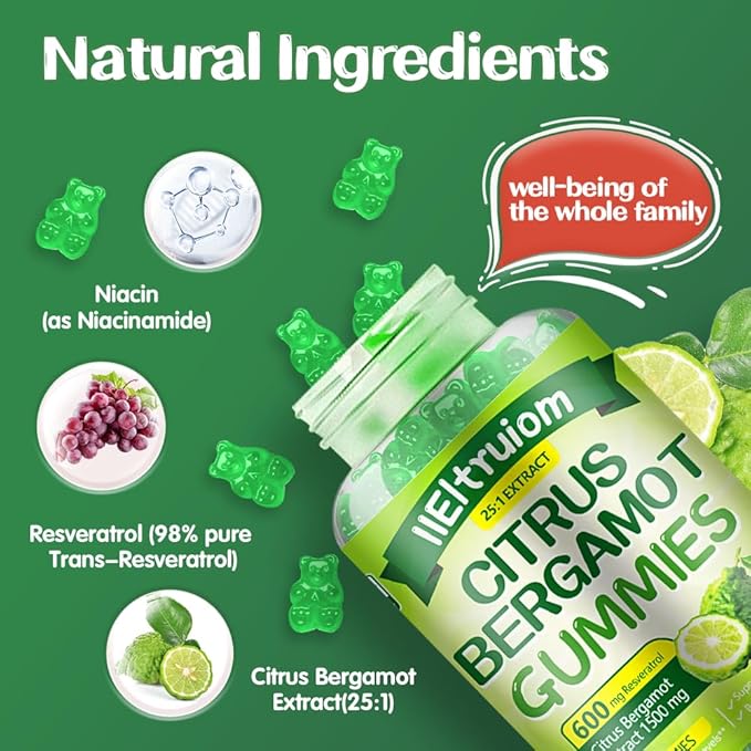 Citrus Bergamot 1500mg Citrus Bergamot Gummies for Healthy Cholesterol Bergamot Supplements 25:1 Extract from Italy Bergamot Resveratrol &amp Niacin - Gluten Free 120 Count
