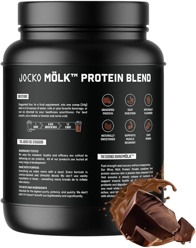 Jocko-Mölk Protein Powder 21 Servings - Grass-Fed Whey Micellar Casein Egg Protein Blend with Digestive Enzymes Probiotics Sugar-Free Soy-Free Gluten-Free (1.48 lbs Chocolate)