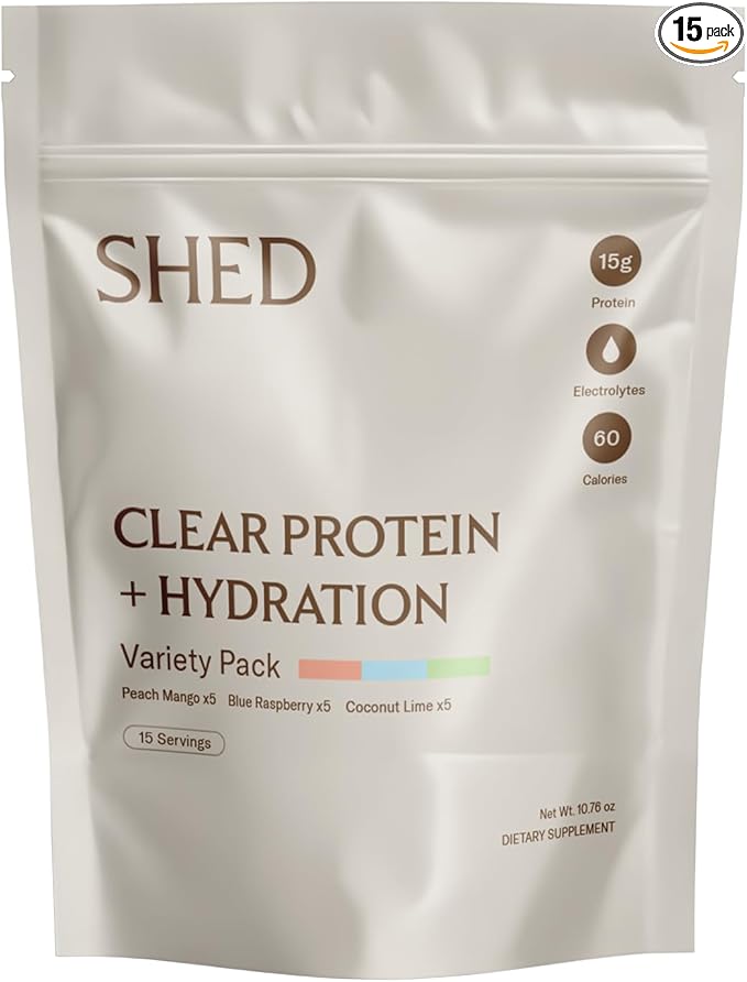 Clear Protein Powder with Electrolytes by Shed 15g Whey Protein Isolate Low Calorie and Lactose Free Light and Clean Hydration Drink Bloat-Free Post Workout Supplement Variety Pack (15 Servings)