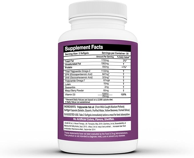 Dry Eye Complete Formulated for Dry Eyes. Ultimate Vision Health Ingredients: Omega-3 Omega-7 Maqui Berry Lutein Vitamin D3 (2 Month Supply)