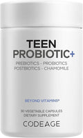 Codeage Teen Probiotic+ Supplement - 25 Billion CFU Probiotic Blend with Prebiotics Postbiotics &amp Chamomile - Gut &amp Digestion Support for Teens and Teenagers 12 &amp Up - Non-GMO- 30 Capsule