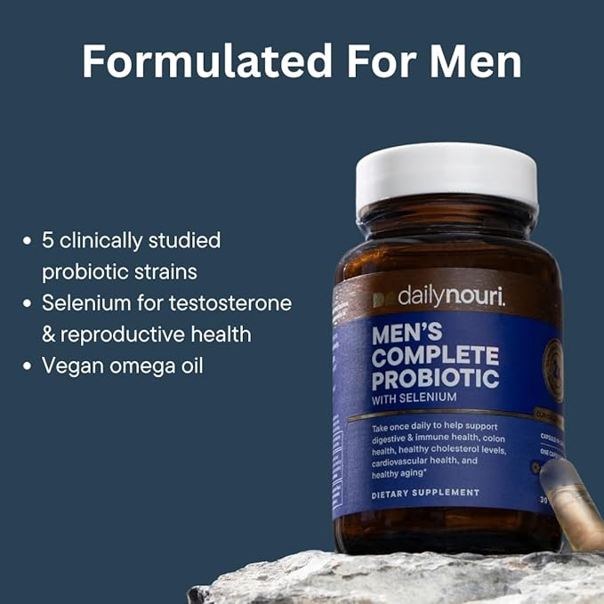 Daily Nouri Probiotics for Men | Gut Microbiome &amp Hormone Balance Support | 5 Clinically Studied Strains + Selenium for Testosterone Sperm Motility &amp Male Reproductive Health | 30-Day Supply