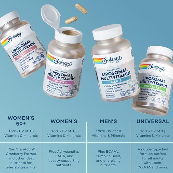 SOLARAY Liposomal Multivitamin for Men Enhanced Absorption Immune Energy &amp Bone Support Mens Daily Multi Vitamin BCAAs Vitamin D3 C B12 Zinc Vegan Soy Free 30 Serv 60 VegCaps