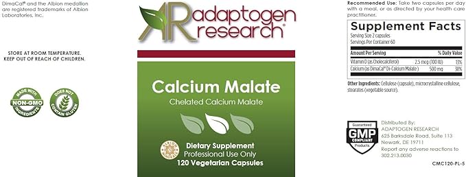 Calcium Malate Chelate 500 mg with Vitamin D3 | Excellent Absorption Calcium Complex | 120 Vegetarian Capsules | Adaptogen Research