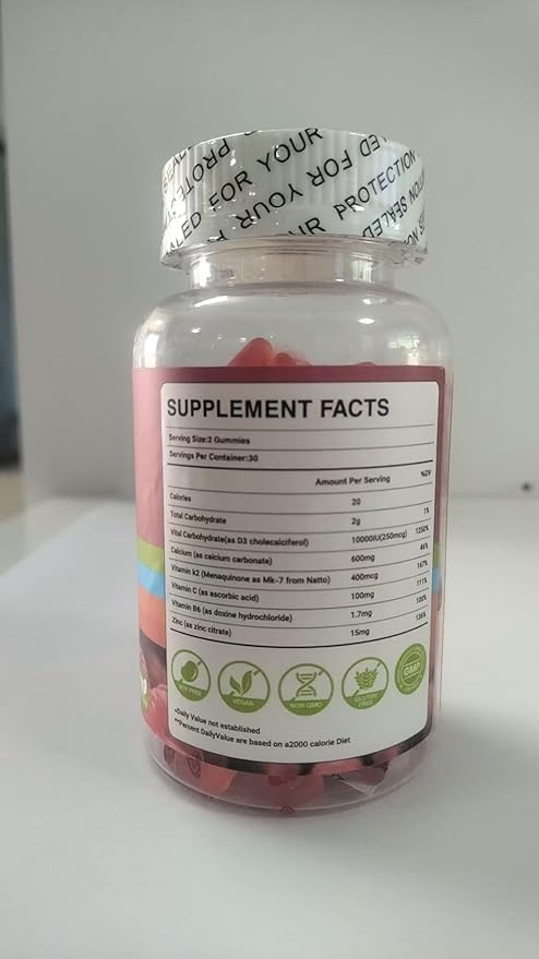 Vitamin D3 K2 Gummies Sugar-Free with Calcium + K2 (MK-7) Magnesium Citrate Vitamin C Extra Strength - Ultimate Absorption for Bone Muscle Teeth Immune Vegan - 60 Gummies
