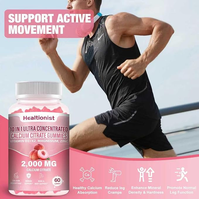 2 Packs 2000mg Calcium Citrate with Vitamin D3 K2 Supplements Gummies for Women &amp Men Magnesium Zinc High Absorption Bone Muscle &amp Immune Support 120 Counts Peach Flavor Gummies