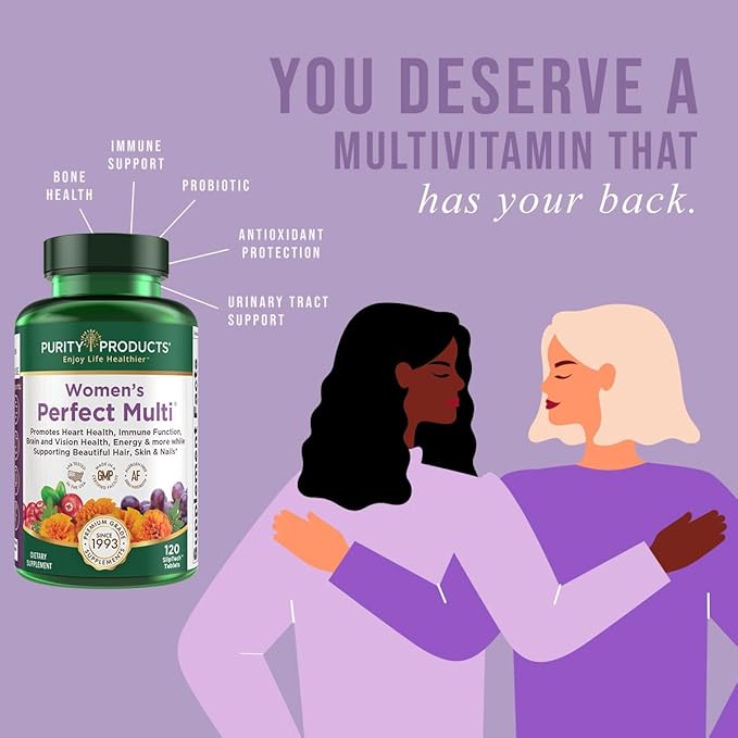 Purity Products Women’s Perfect Multi Balanced Multivitamin - Supports Urinary Tract Health Immune Bone + Muscle Hair Skin Nails an Elite Probiotic for Digestive Health + More - 120 Tablets