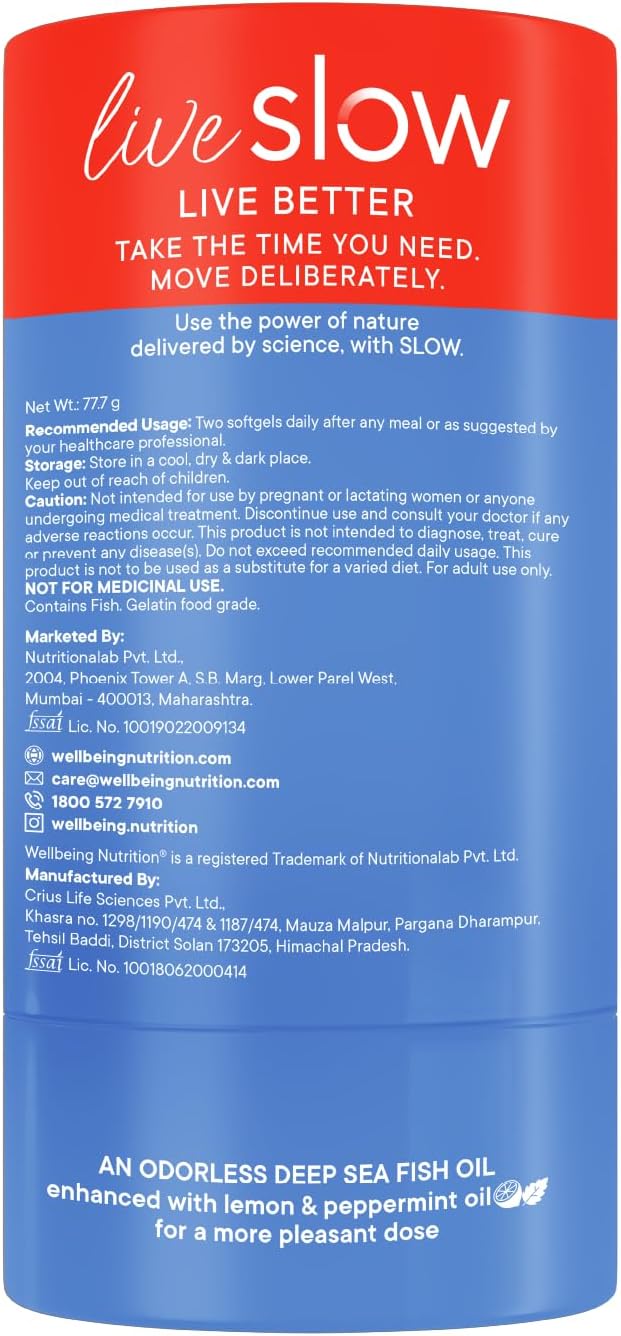 WELLBEING NUTRITION Slow | Extra Virgin Fish Oil 1240mg Omega-3 | EPA DHA &amp Curcumin in Advanced Triple Strength 1250mg Fish Oil |Brain Heart Joints Vision &amp Immunity for Men &amp Women(6
