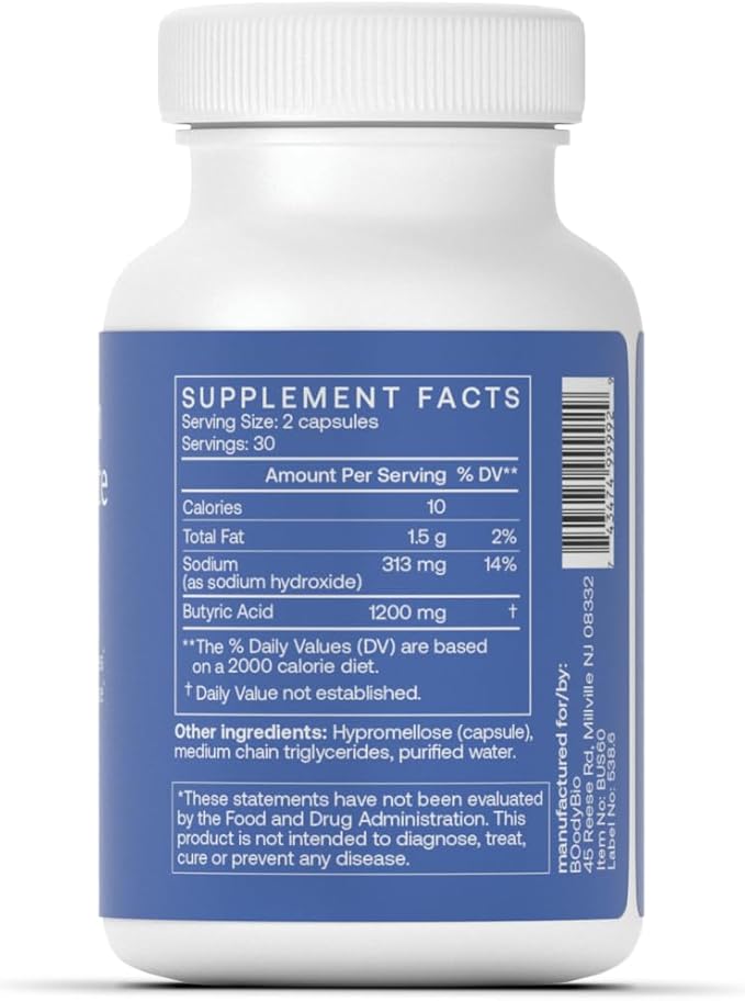 Gut Health Supplement 60 Caps - Butyrate + Sodium | The Ultimate Postbiotic | No Bloating | No Gas | Great Poops | Supports Healthy Digestion | Leaky Gut Repair | No Additives by BodyBio