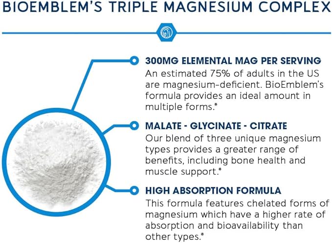 BioEmblem High Absorption Triple Magnesium Complex 300mg | Magnesium Glycinate for Nerves Malate for Energy Magnesium Supplement to Support Muscle Health | Vegan Non-GMO 180 Capsules