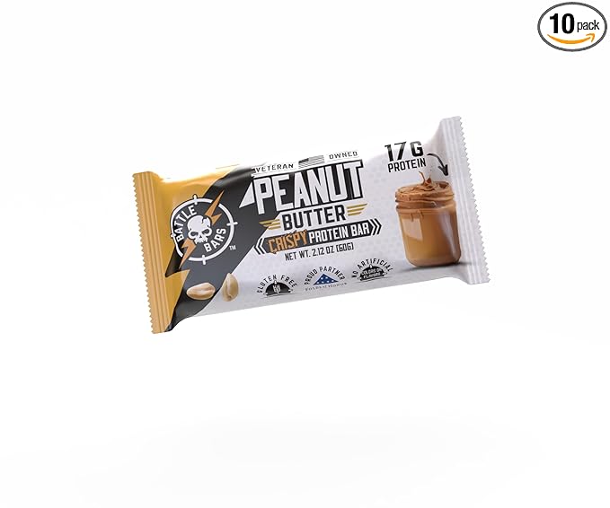Battle Bars Crispy Protein Bar 17g Protein per serving - Gluten Free No Artificial Flavors or Colors - Veteran Owned - Peanut Butter (60g) 10 Count