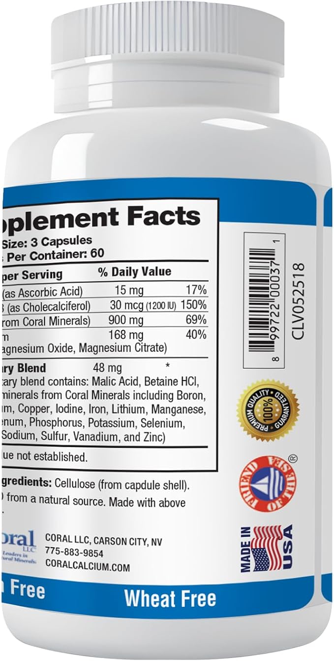 Coral Complex 3 Calcium Supplement Vitamin D3 &amp Magnesium – 900 mg Bioavailable Coral Calcium for Bone Strength Joint Support &amp pH Balance – Trace Minerals Non-GMO 300 Veg Capsules