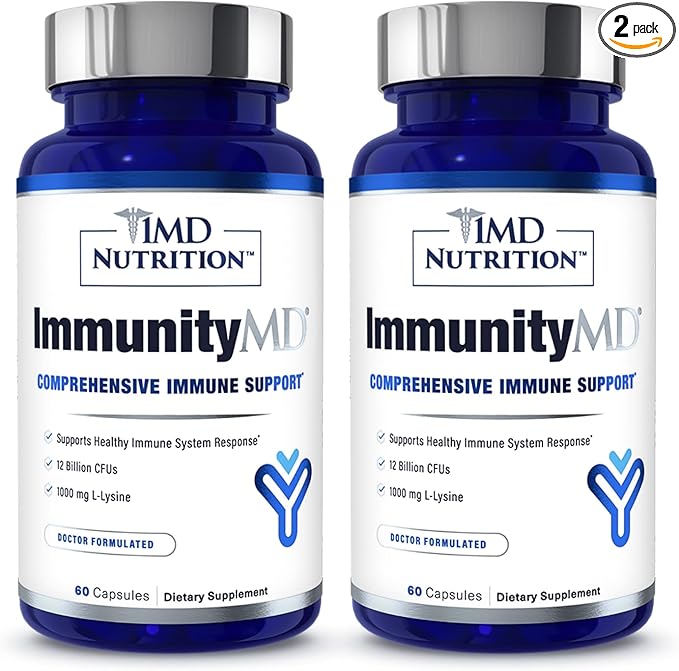 1MD Nutrition ImmunityMD - Immune Health Probiotic | Potent Doctor-Selected Probiotic Strains with Prebiotic - Promote Overall Immune System Strength Reduce Everyday Stress | 60 Capsules (2 Pack)
