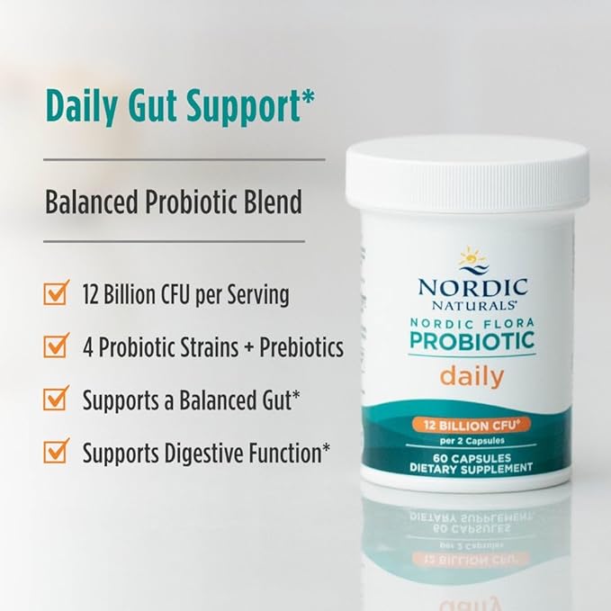 Nordic Naturals Nordic Flora Probiotic Daily - 60 Capsules - 4 Probiotic Strains with 12 Billion Cultures - Optimal Wellness Immune Support Digestive Health - Non-GMO Vegan - 30 Servings