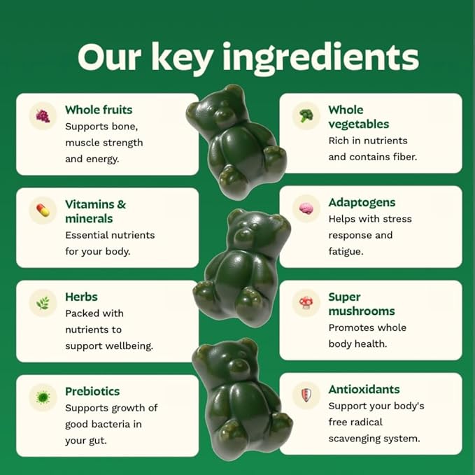 Gruns Adult + Kids Superfood Green Bundle Nutritional Supplement 2-Pack (28 Day Supply) multivitamin Gummy + prebiotics + Greens Powders 60+ Organic Ingredients 20+ Vitamins and Minerals