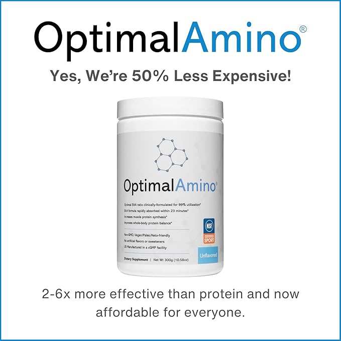 OptimalAmino Amino Acid Powder | 99% Utilized Essential Amino Acid (EAA) Supplement | Pre/Post Workout &amp Muscle Recovery | NSF for Sport Certified | Unflavored Do It Yourself (DIY)