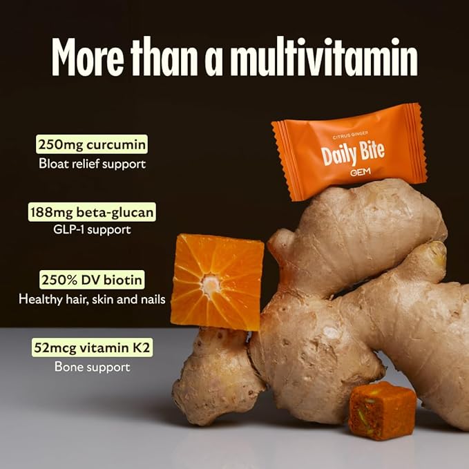 GEM Daily Bite for Women &amp Men with 20+ Vitamins Minerals &amp Superfoods Like Zinc Vitamin D B-Complex K Turmeric Fiber &amp Prebiotics Beta Glucan GLP-1 Support &amp Immunity (Citrus