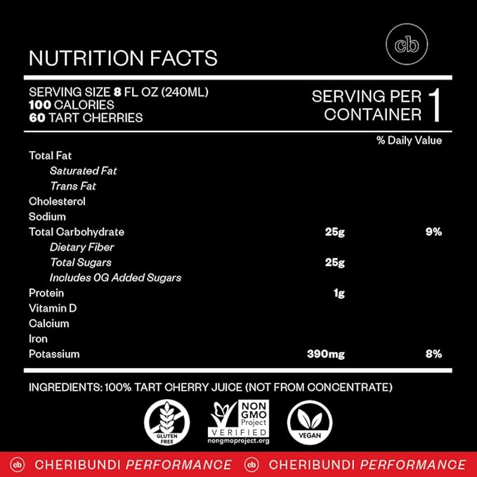 Cheribundi 100% Tart Cherry Juice Pure | Unsweetened Tart Cherry Juice | Athletes Recovery Drink | Promotes Restorative Sleep Muscle Recovery &amp Boosts Athletic Performance | 8 floz (12 Pack)