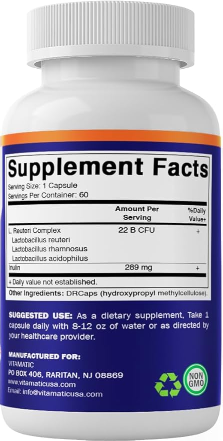 Vitamatic Lactobacillus Reuteri Complex – 22 Billion CFU per Delayed Release Capsule – 60 Capsules – Digestive &amp Gut Health Support – with Prebiotic Inulin Fiber - 2 Pack