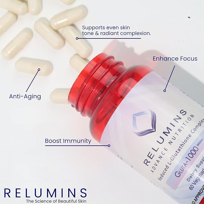 Relumins Premium Collagen &amp Gluta-1000 Bundle - 10 Sachets of Marine Collagen (Pineapple Flavor) + 60 Vegetarian Capsules - Supports Skin &amp Wellness