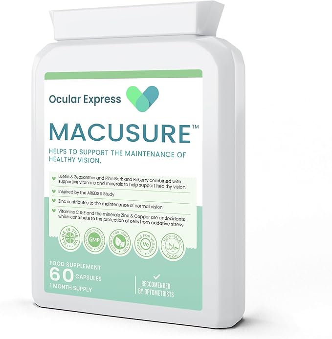 Macusure Vision Support Supplement 60 Capsules Lutein and Zeaxanthin with Bilberry and Pine Bark 1 Month Supply