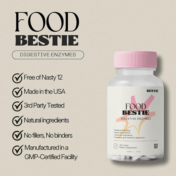 Food Bestie Supplement - Digestive Enzymes for Women &amp Men Natural Digestion &amp Bloating Support Promotes Gut Health Formulated with Bromelain &amp Lipase Gluten Free - 60 Capsules