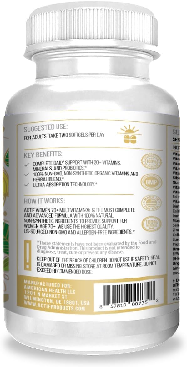 ACTIF Organic Multivitamin for Women Age 70+ with 20+ Advanced Factors and Omega-3 Oil Non-GMO Made in USA 90 Count RealCaps